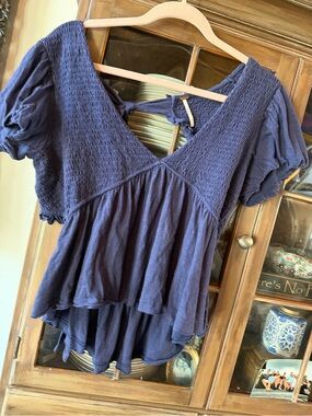 Free People Deep Navy Smocked V-Neck Peplum Tunic